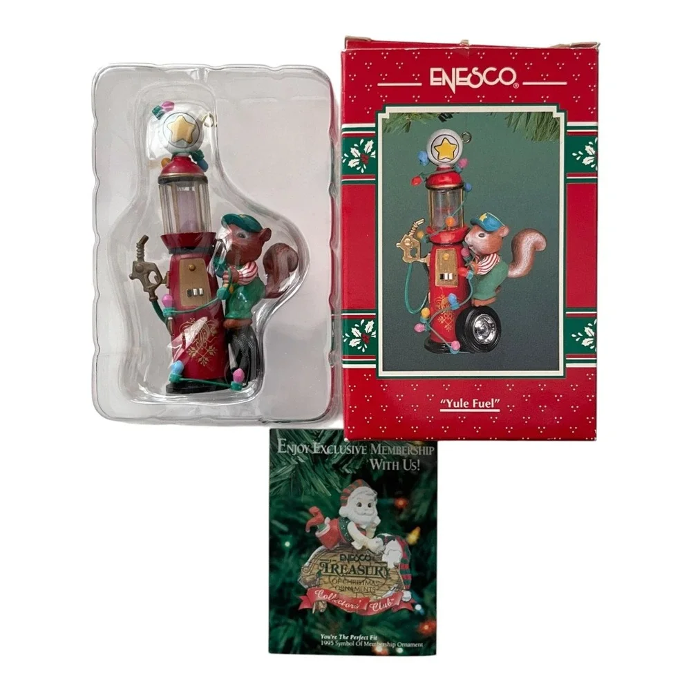Vintage 1994 Enesco Treasury Yule Fuel Gas Pump Squirrel Christmas Ornament Box